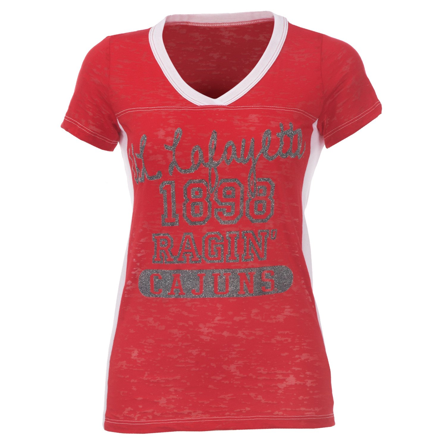 Step Ahead Women's University of Louisiana at Lafayette Burnout Side Stripe V-Neck Shirt