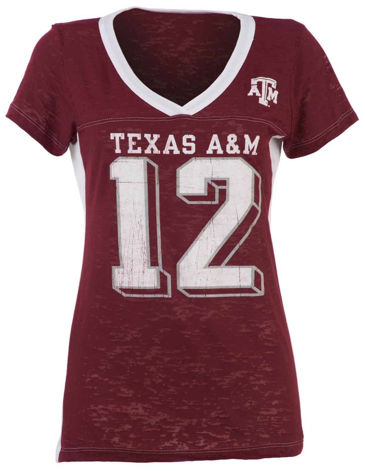 Blue 84 Juniors' Texas A&M University Burnout Side Stripe V-neck T-shirt