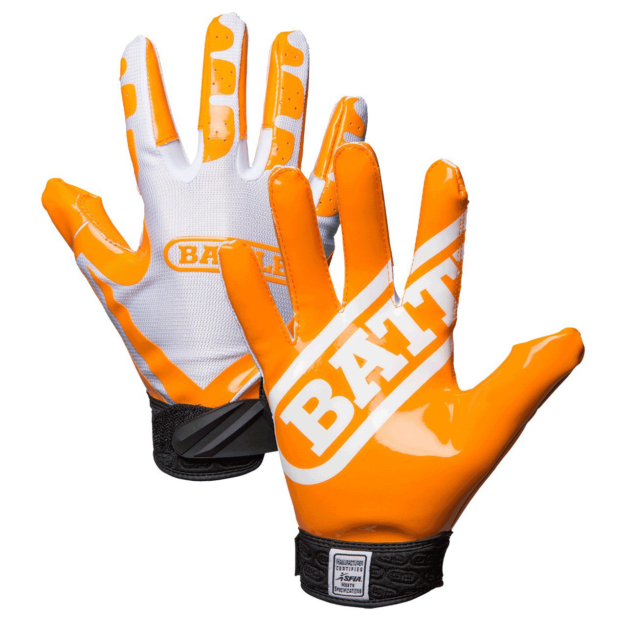 white and orange football gloves